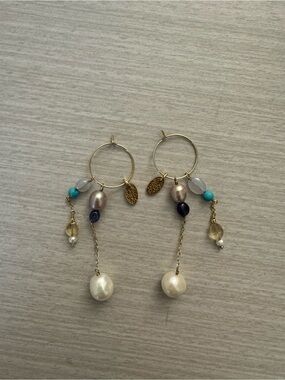 Gold Hoop Drop Earrings with Pearl and Turquoise Accents